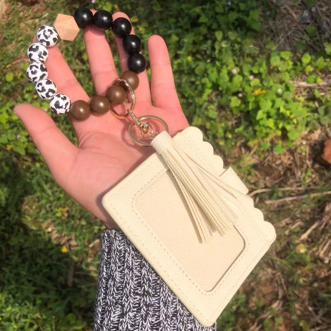 Wholesale Christmas Colorful Beads PU Tassel Bracelet Coin Purse Keychain